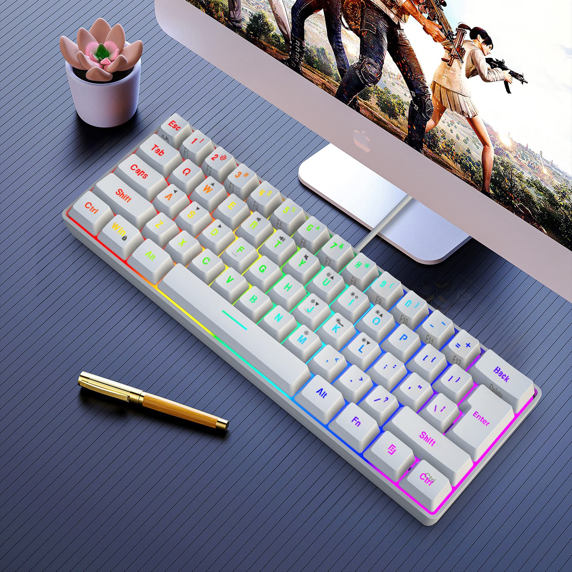 Snpurdiri 60% Wired Gaming Keyboard, 61 Keys RGB Backlit Wrist Rest Ultra-Compact Mini Waterproof Keyboard for PC Computer Gamer (White)