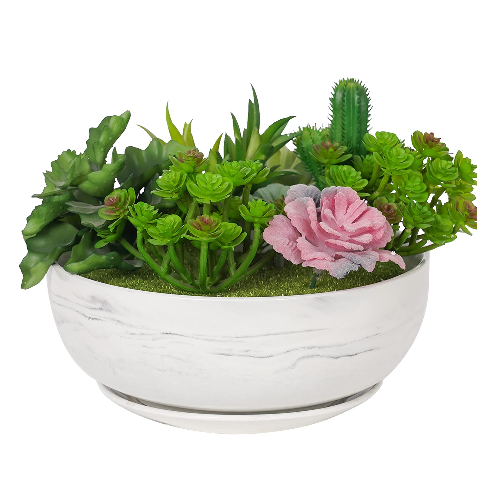 Fengson 8in Pink Marble Pattern Large Round Succulent Planter Pot Modern Flower Pot Indoor and Outdoor Planter with Marble Tray and Drainage Holes