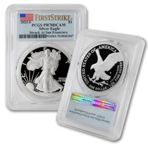 2023 s 1 oz american silver eagle proof coin pr-70 deep cameo (first strike - struck at san francisco - flag label) $1 pr70dcam pcgs
