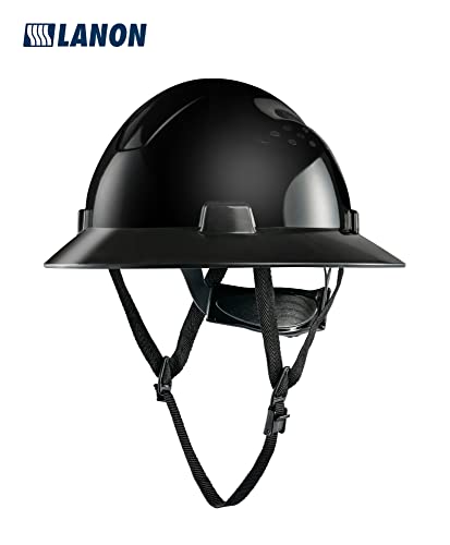 LANON Black Full Brim Hard Hat, OSHA Construction Work Approved, HDPE Safety Helmet with 4 Point Adjustable Ratchet Suspension, Class E, G & C