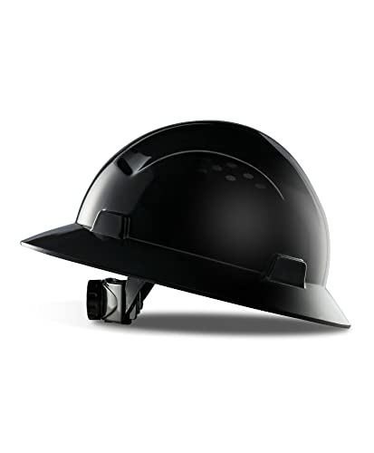 LANON Black Full Brim Hard Hat, OSHA Construction Work Approved, HDPE Safety Helmet with 4 Point Adjustable Ratchet Suspension, Class E, G & C