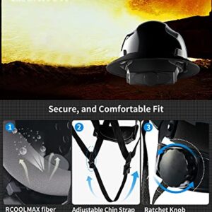 LANON Black Full Brim Hard Hat, OSHA Construction Work Approved, HDPE Safety Helmet with 4 Point Adjustable Ratchet Suspension, Class E, G & C