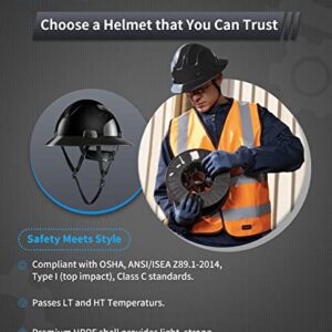 LANON Black Full Brim Hard Hat, OSHA Construction Work Approved, HDPE Safety Helmet with 4 Point Adjustable Ratchet Suspension, Class E, G & C