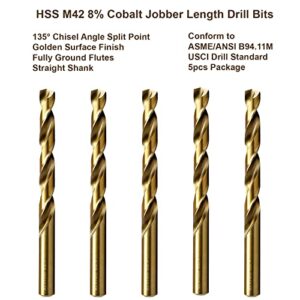 MAXTOOL 1/4" 5pcs Identical Jobber Length Drills HSS M42 Twist Drill Bits 8% Cobalt Fully Ground Golden Straight Shank Drills; JBF42G10R16P5