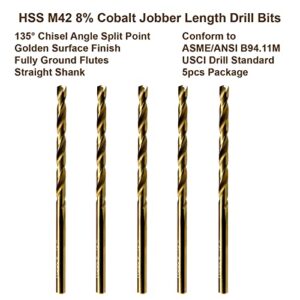 MAXTOOL 1/8" 5pcs Identical Jobber Length Drills HSS M42 Twist Drill Bits 8% Cobalt Fully Ground Golden Straight Shank Drills; JBF42G10R08P5