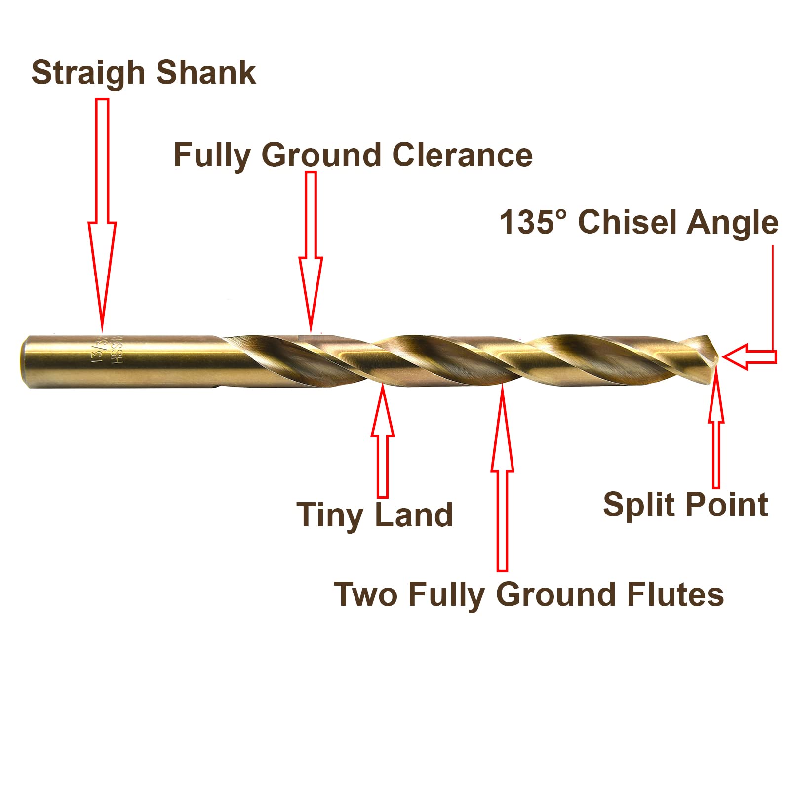 MAXTOOL 5/64" 5pcs Identical Jobber Length Drills HSS M42 Twist Drill Bits 8% Cobalt Fully Ground Golden Straight Shank Drills; JBF42G10R05P5