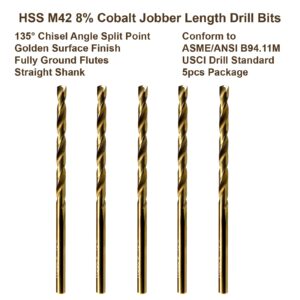 MAXTOOL 5/64" 5pcs Identical Jobber Length Drills HSS M42 Twist Drill Bits 8% Cobalt Fully Ground Golden Straight Shank Drills; JBF42G10R05P5