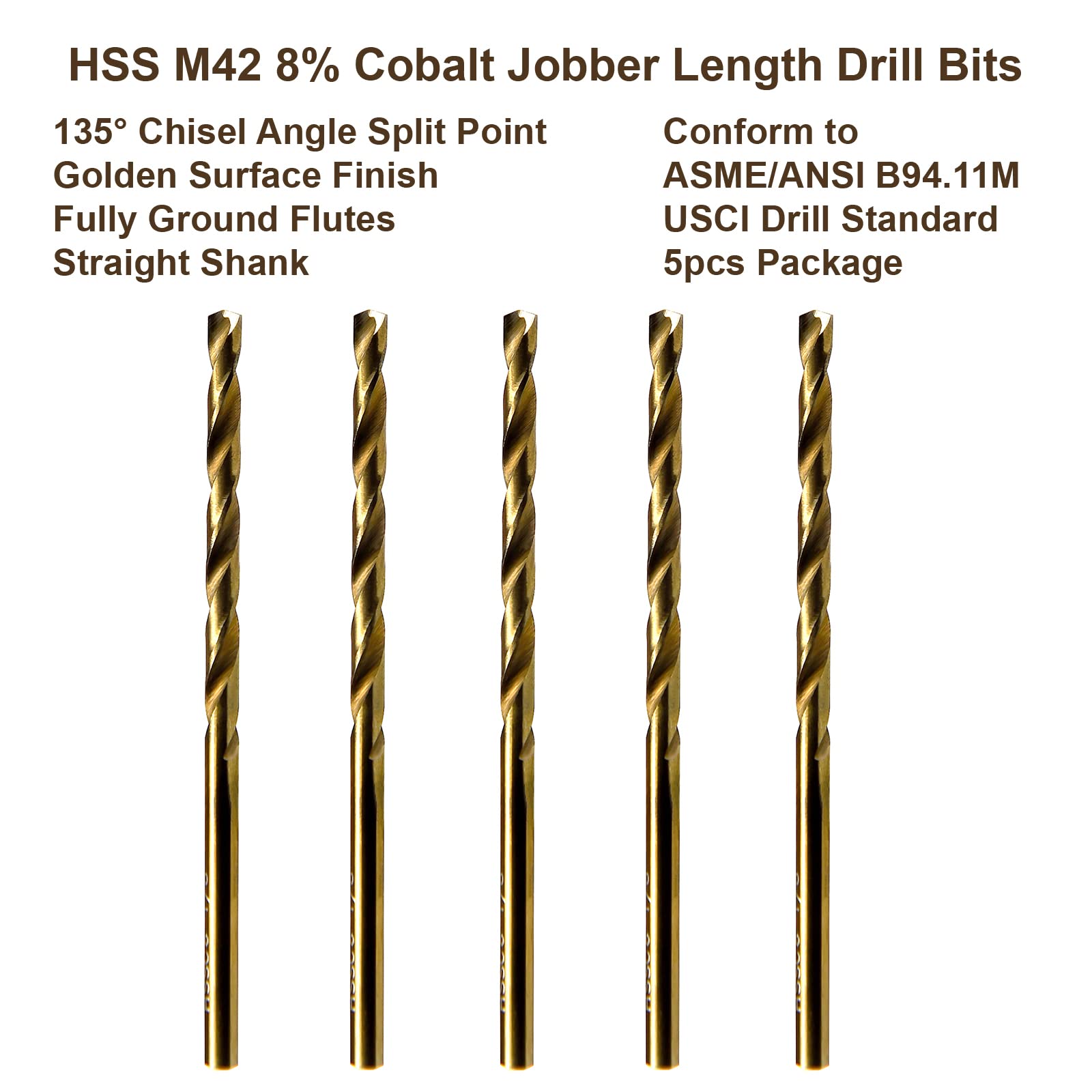 MAXTOOL 5/64" 5pcs Identical Jobber Length Drills HSS M42 Twist Drill Bits 8% Cobalt Fully Ground Golden Straight Shank Drills; JBF42G10R05P5