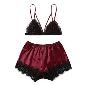 wodceeke women's sexy lace sling split lingerie embroidered bra and satin shorts set home pajamas (wine, m)