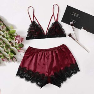 wodceeke Women's Sexy Lace Sling Split Lingerie Embroidered Bra and Satin Shorts Set Home Pajamas (Wine, M)