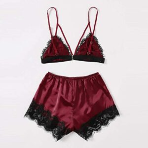 wodceeke Women's Sexy Lace Sling Split Lingerie Embroidered Bra and Satin Shorts Set Home Pajamas (Wine, M)