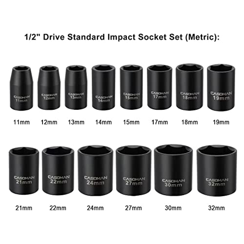 CASOMAN 14 Pieces 1/2-Inch Drive Shallow Impact Socket Set, Metric, 6-Point, 11mm to 32mm