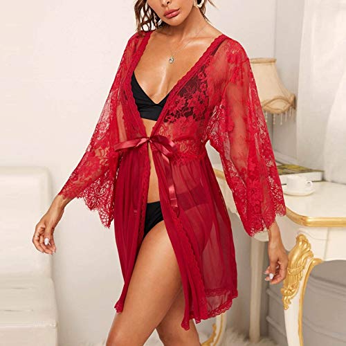 wodceeke Women's Sexy Lace Cardigan Nightgown See-through Embroidered Nightgown With Tight Belt (Red, L)