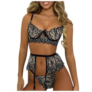 wodceeke women's sexy sling lace plus size 3-piece lingerie embroidered perspective bodysuit pajamas set with garter (black, xxxl)
