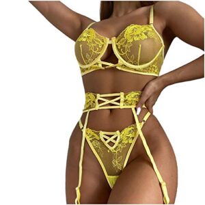 wodceeke women's sexy sling lace plus size split lingerie embroidered perspective bodysuit home pajamas with garter (yellow, m)