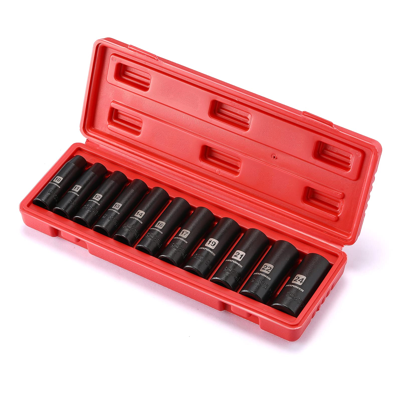 MIXPOWER 11 Pieces 1/2-Inch Drive Deep Impact Socket Set, 10-24mm, CR-V, Metric, 6 Point, Deep, 11 Pieces 1/2" Dr. Deep Metric Socket