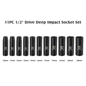 MIXPOWER 11 Pieces 1/2-Inch Drive Deep Impact Socket Set, 10-24mm, CR-V, Metric, 6 Point, Deep, 11 Pieces 1/2" Dr. Deep Metric Socket