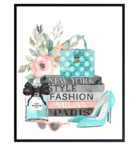 blue high fashion wall art - designer handbag, purses, shoes, perfume - glam wall decor - luxury gift for women - cute bathroom decoration teens room, girl bedroom - boho-chic shabby chic poster