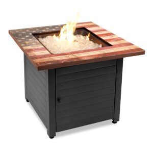endless summer, the liberty, square 30" outdoor propane fire pit, includes white fire glass, protective cover, and patented hide-away door