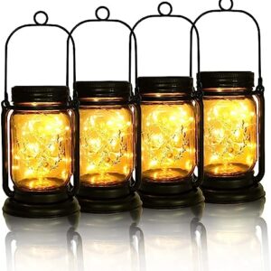 Yeuago 4 Pack Solar Garden Lantern Outdoor Backyard Decor Hanging Mason Jar Solar Lights with 30 Led Lights Retro Design Waterproof Garden Decor for Garden