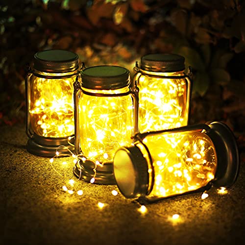 Yeuago 4 Pack Solar Garden Lantern Outdoor Backyard Decor Hanging Mason Jar Solar Lights with 30 Led Lights Retro Design Waterproof Garden Decor for Garden