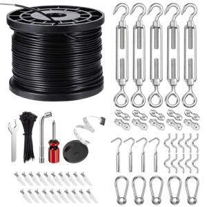 ugarden string light hanging kit with 170ft coated stainless steel 304 tension wire rope, outdoor light guide wire kit, string lights suspension kit