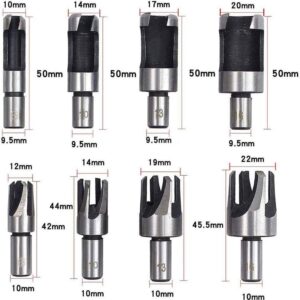 Szliyands 8pcs Wood Plug Cutter Drill Bit Set Straight and Tapered Taper 5/8" 1/2" 3/8" 1/4" Cutting Tool Cork Drill Bit Knife