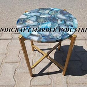 21" Inch Round Blue Agate Table With Stand, Blue Agate Side Table And Stand, Customized Blue Agate Table