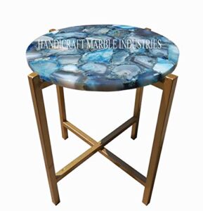 blue agate stone round table top 24" x 24" inch with metal stand, blue agate side table and stand, customized blue agate table, piece of conversation, family heirloom