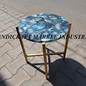 Blue Agate Round Table Top 18" x 18" Inch With Metal Stand, Blue Agate Side Table And Stand, Customized Blue Agate Table, Agate Stone Round Table, Family Heir Loom, Piece Of Conversation