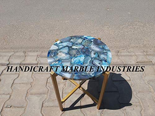 Blue Agate Round Table Top 18" x 18" Inch With Metal Stand, Blue Agate Side Table And Stand, Customized Blue Agate Table, Agate Stone Round Table, Family Heir Loom, Piece Of Conversation