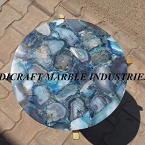 Blue Agate Round Table Top 18" x 18" Inch With Metal Stand, Blue Agate Side Table And Stand, Customized Blue Agate Table, Agate Stone Round Table, Family Heir Loom, Piece Of Conversation