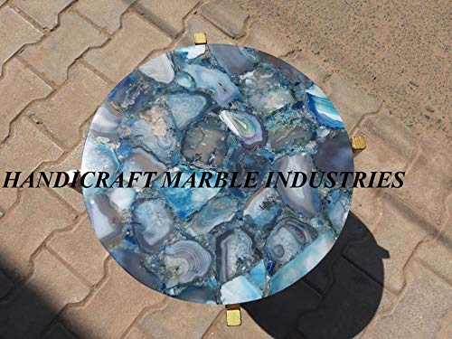 Blue Agate Round Table Top 18" x 18" Inch With Metal Stand, Blue Agate Side Table And Stand, Customized Blue Agate Table, Agate Stone Round Table, Family Heir Loom, Piece Of Conversation