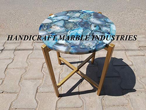 Blue Agate Round Table Top 18" x 18" Inch With Metal Stand, Blue Agate Side Table And Stand, Customized Blue Agate Table, Agate Stone Round Table, Family Heir Loom, Piece Of Conversation