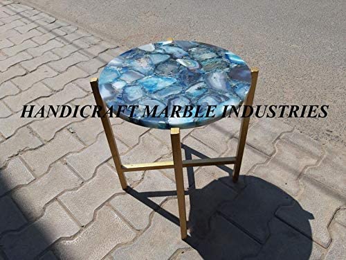 15" Inch Round Blue Agate Table With Stand, Blue Agate Side Table And Stand, Customized Blue Agate Table, Piece Of Conversation, Family Heir Loom