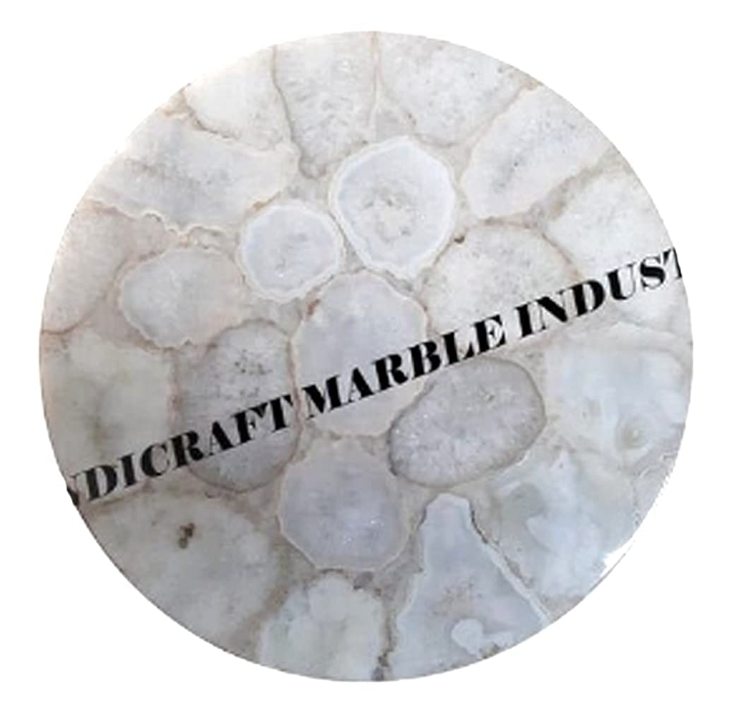 White Agate Round Table With Stand, Agate Stone Table With Stand, Round White Agate Side Table 12" Inch