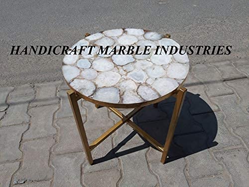 White Agate Round Table With Stand, Agate Stone Table With Stand, Round White Agate Side Table 12" Inch