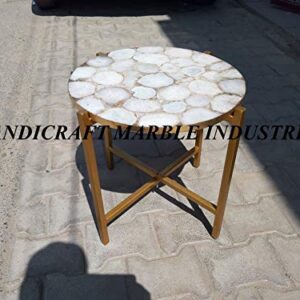 White Agate Round Table With Stand, Agate Stone Table With Stand, Round White Agate Side Table 15" Inch