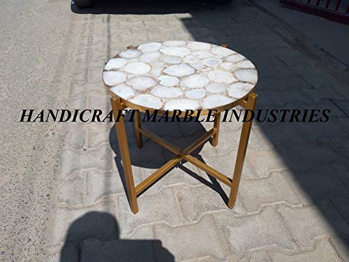 White Agate Round Table With Stand, Agate Stone Table With Stand, Round White Agate Side Table 15" Inch