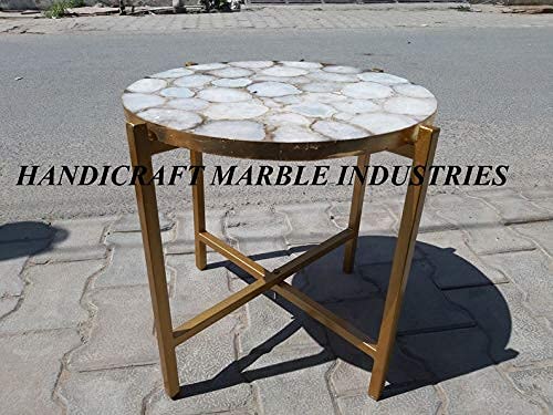 White Agate Round Table With Stand, Agate Stone Table With Stand, Round White Agate Side Table 15" Inch
