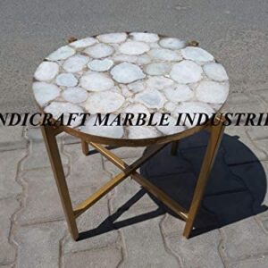 White Agate Round Table With Stand, Agate Stone Table With Stand, Round White Agate Side Table 15" Inch