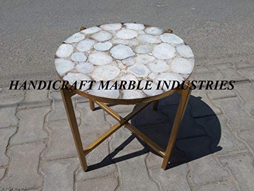 White Agate Round Table With Stand, Agate Stone Table With Stand, Round White Agate Side Table 15" Inch