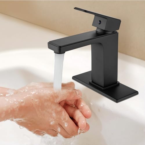 Midanya Matte Black Bathroom Sink Faucet 1 Hole Single Handle Deck Mount Lavatory Mixer Tap Include Pop Up Drain with Overflow One Lever Commercial