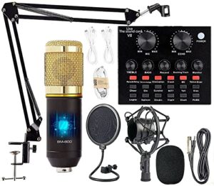 podcast equipment bundle, bm-800 mic kit with live sound card, adjustable mic suspension scissor arm, metal shock mount and double-layer pop filter for studio recording & broadcasting (cf100-gold)