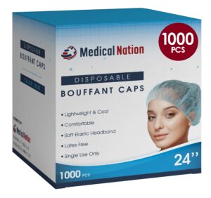 medical nation 24" disposable bouffant caps hair net | case of 1000, blue | non-woven, non-pleated hairnets | perfect for medical, hospital, labs, nurse, tattoo, food service, cooking | blue, size 24"