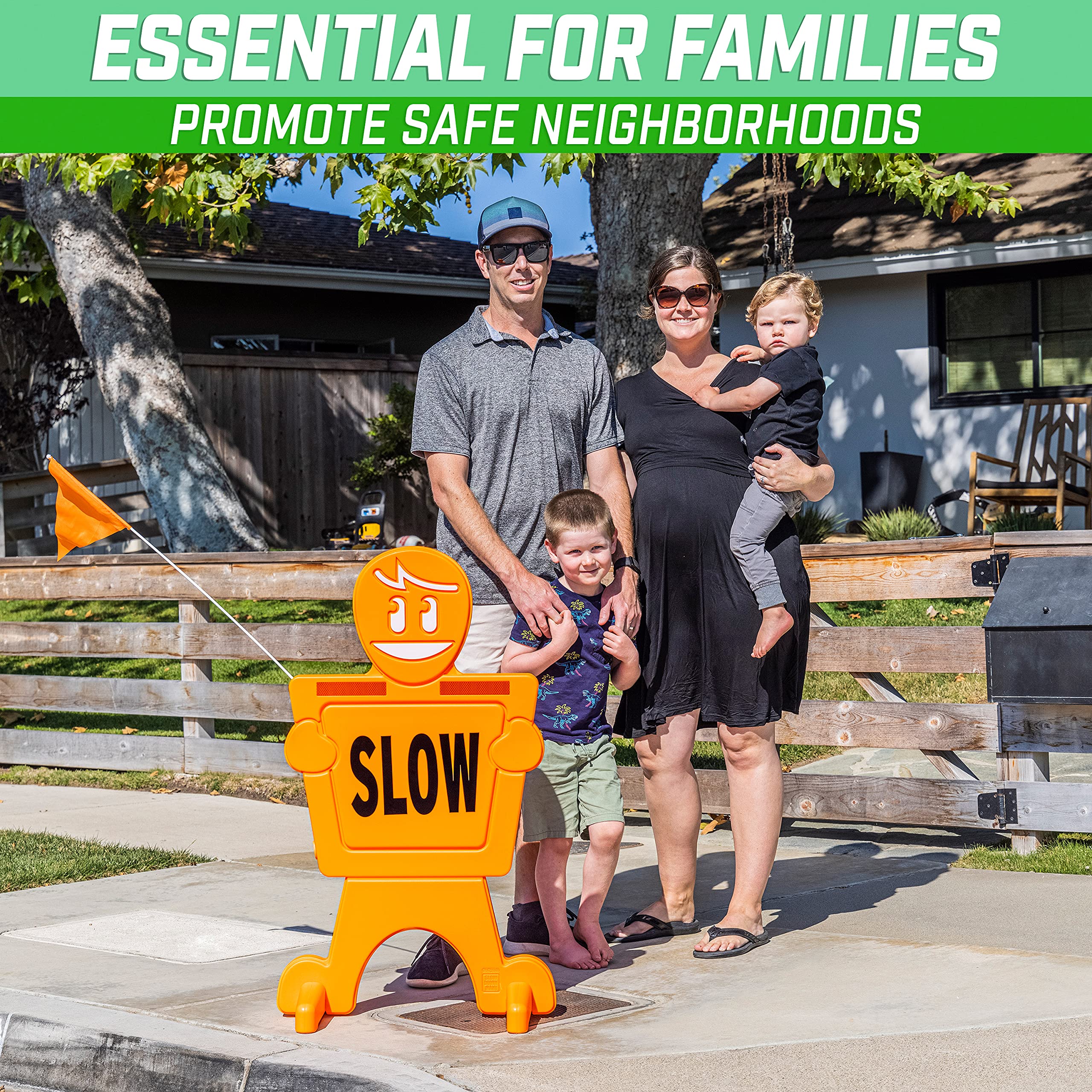 GoSports Slow Down Man! Street Safety Sign - 3 ft High Visibility Kids at Play Signage for Neighborhoods with 9 Decal Options and Flag