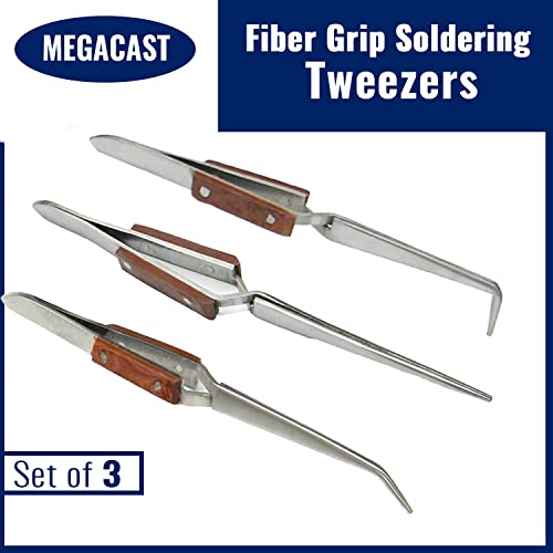 Megacast Bundle: Fiber Grip Soldering Tweezers Set - 6.5" Solder Tweezers (Approx. 45-Degree Angle), 6" Solder Tweezers (Approx. 90-Degree Angle) & 6.5" Straight Solder Tweezers