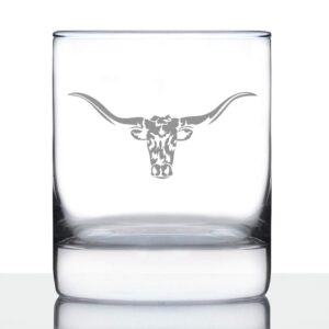 longhorn - whiskey rocks glass - western themed farm decor and gifts for texan ranchers - 10.25 ounce