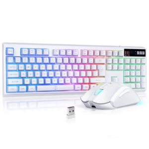 zjfksdyx c104 wireless gaming keyboard and mouse combo, waterproof 104 keys us layout rgb backlit rechargeable mechanical feel ergonomic keyboard and rgb mute mouse for pc gamers (white)
