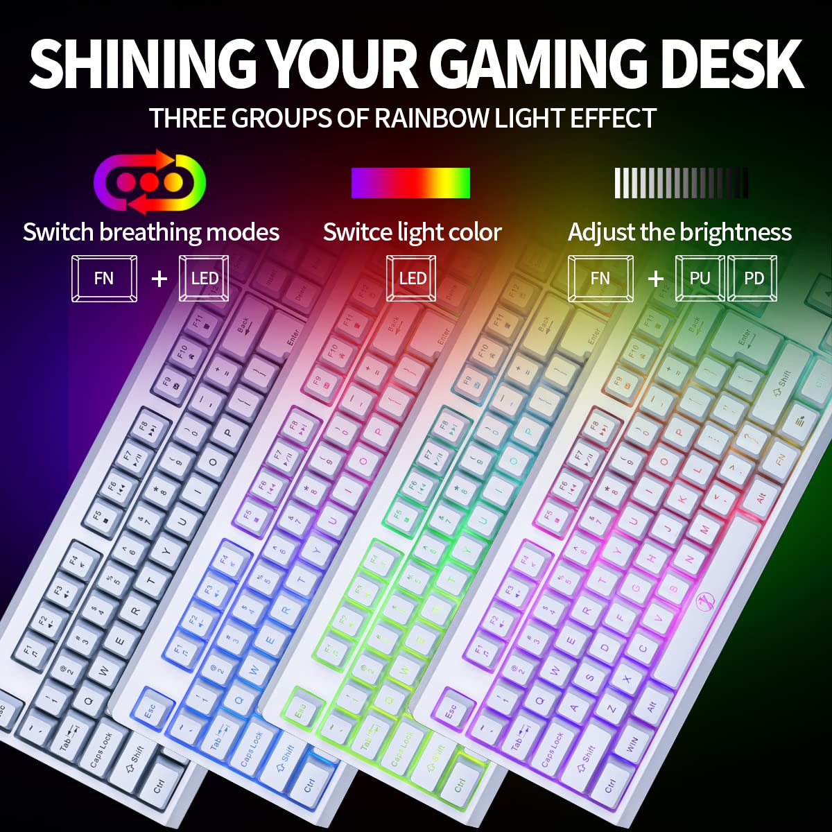 ZJFKSDYX C104 Wireless Gaming Keyboard and Mouse Combo, Waterproof 104 Keys US Layout RGB Backlit Rechargeable Mechanical Feel Ergonomic Keyboard and RGB Mute Mouse for PC Gamers (White)